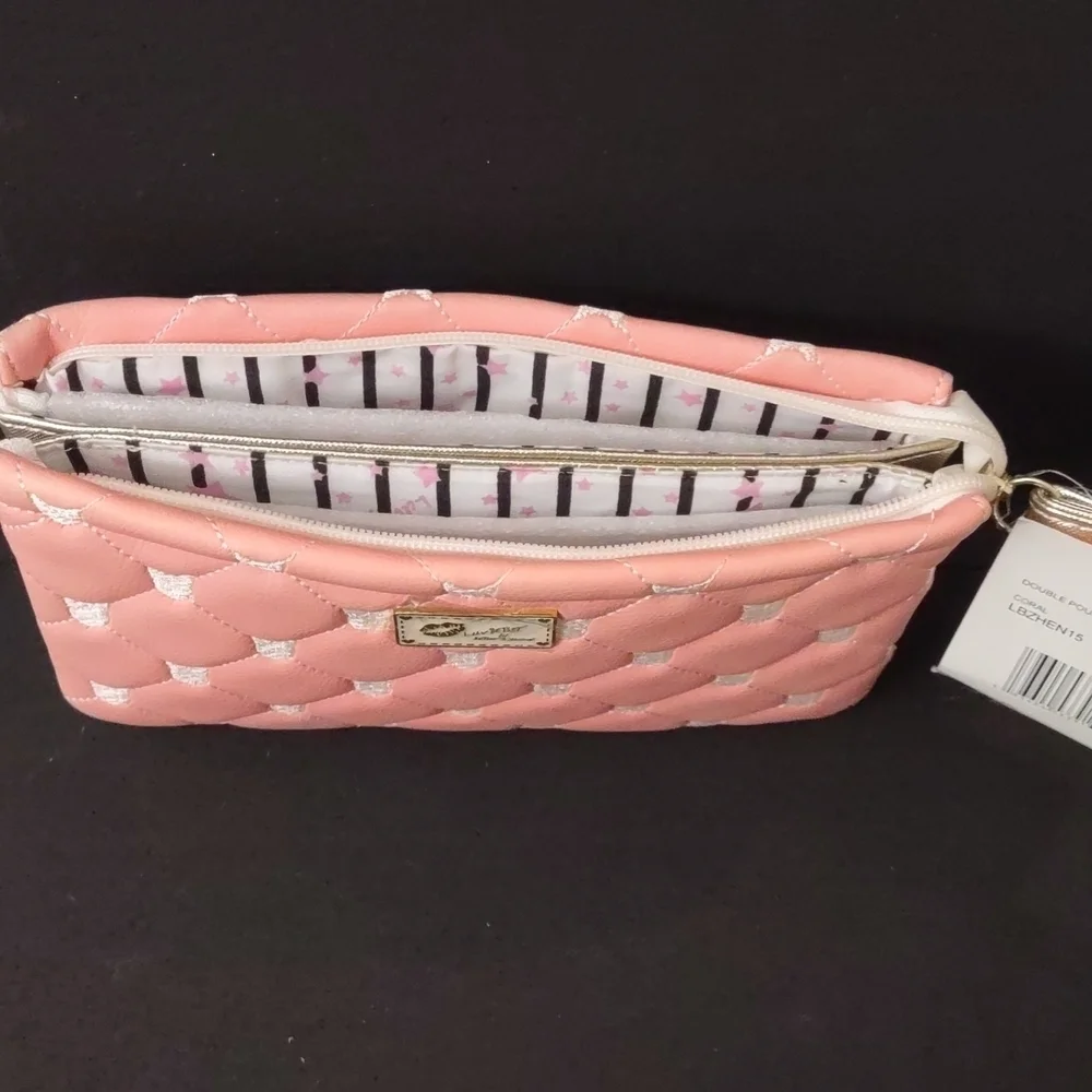LUV BETSEY by BETSEY Johnson Double pouch wristlet embroidered Cat face Coral - Picture 4 of 8